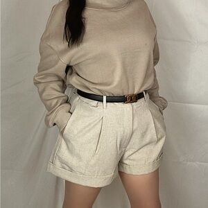 High-Waisted Linen-blend Shorts | Pleated Cream Tailored Shorts (Size L)